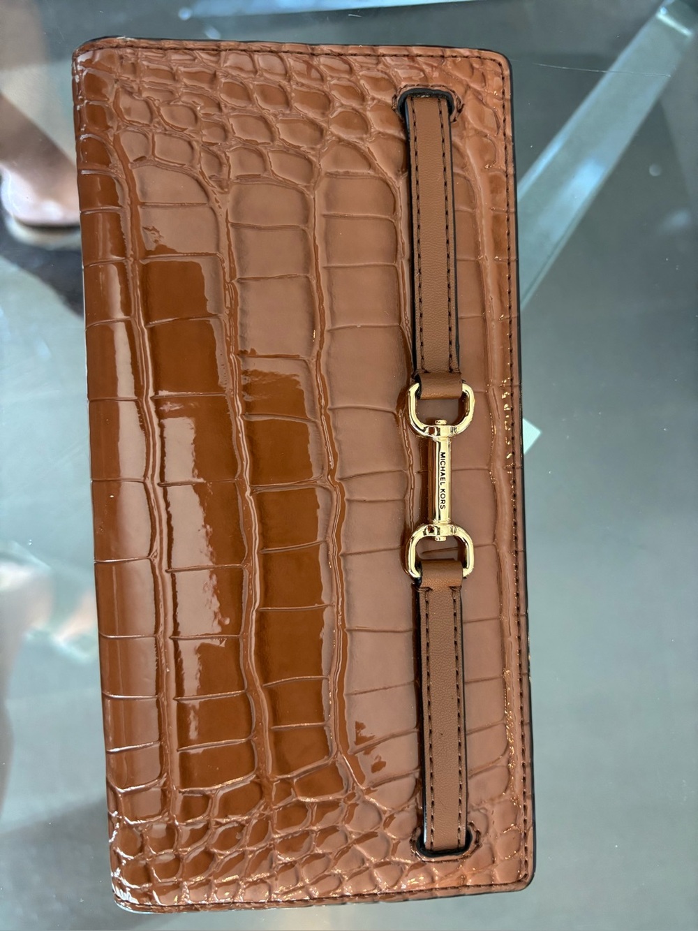 Michael Kors Cognac Croc-Embossed Patent Leather Wallet with Gold Hardware - new